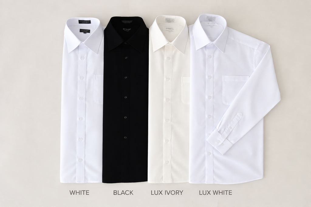 Dress shirt options for our packages: white, black, and 2 upgrade options for finer shirts in lux ivory and lux white.
