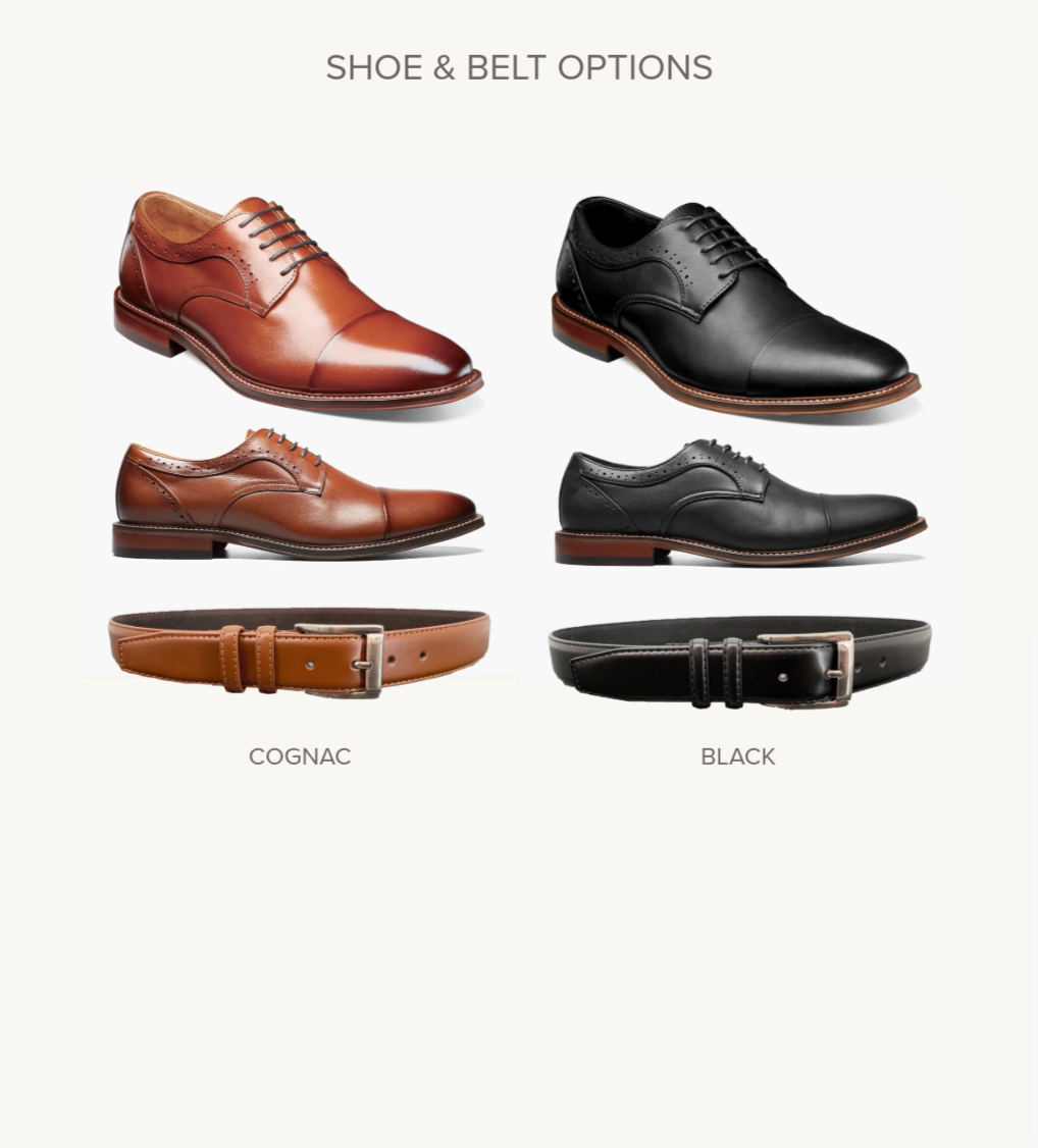 Cognac lace-up dress shoes and matching cognac belt as well as a black lace-up dress shoe and matching black belt.